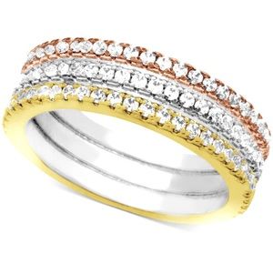 Three-row Crystal Ring Fine Silver Plate Tri-tone